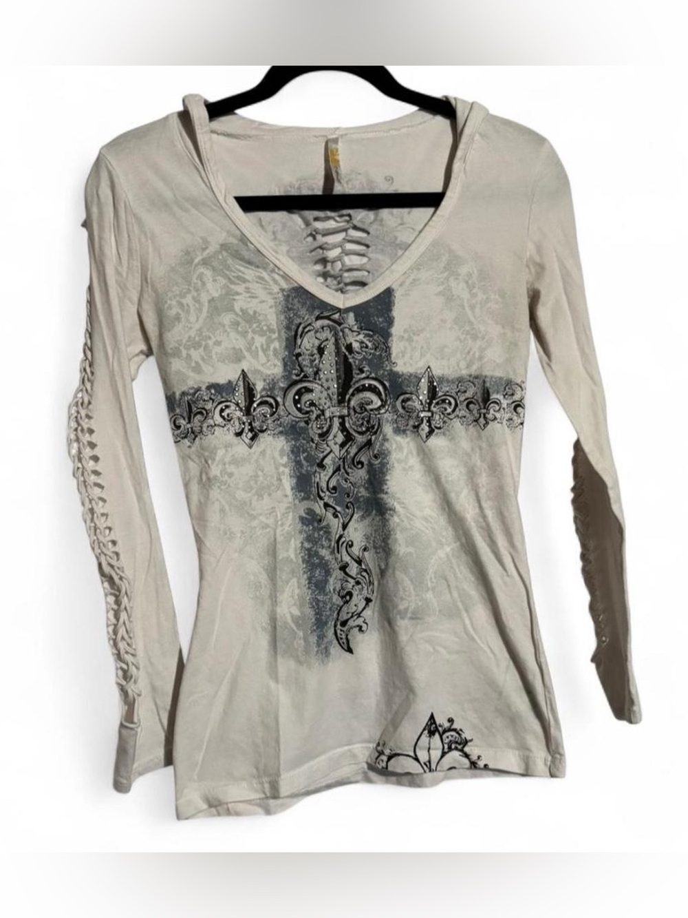 Ocasion Y2K Rhinestone Fleur De Lis Cross Lace Up Top M